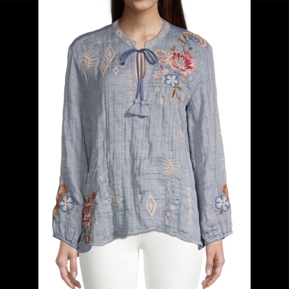 Johnny Was Umoya Patchwork Scarf Floral Embroidery Blouse Denim Blue Size Small - Picture 6 of 15